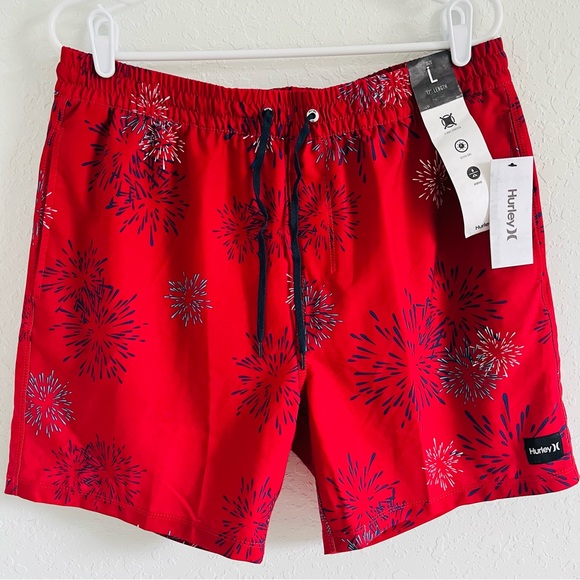 Hurley Other - NWT Hurley Men’s Hybrid Shorts Red with Blue/White Fireworks Print Swim …